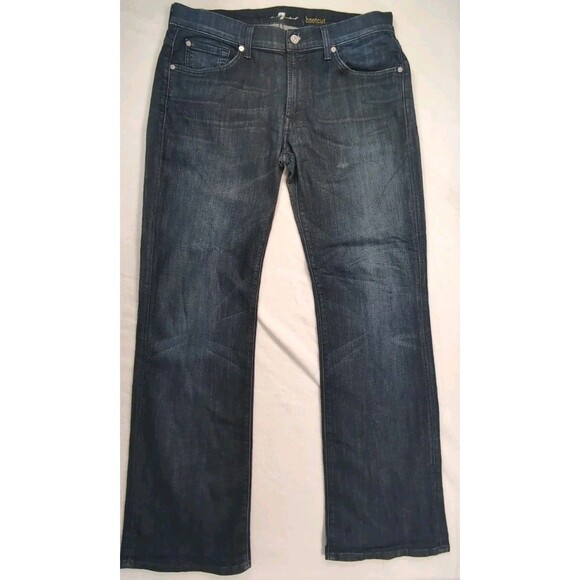 7 For All Mankind Jeans Mens 36x28 Blue Dark Wash Bootcut Denim Design On Pocket - Picture 1 of 16